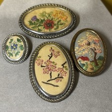 4 x Vintage / Antique Embroidered Brooches - Multi-coloured