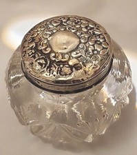 Art Nouveau Cut Glass  Dresser  Vanity Jar Rouge Pot  Hallmarked  Silver Lid Top