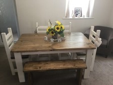 Farmhouse Style, Rustic Dining Table, 4 Chunky Chairs and a Bench