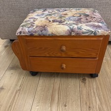 Vintage wooden Tapestry Storage Ottoman Foot Rest Sewing Kit drawers wheels