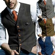 UK Mens Slim Fit Vintage Waistcoat Casual Smart Checked Plaid Suit Vest