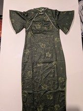 MULAMAN Olive Green Floral Cheongsam Qipao Dress L (165/88A) Pearl Trim Satim