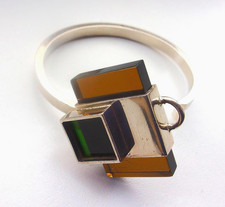 Brutalist Bauhaus Cuff,  Amber & Green Acrylic, Sterling Silver, 80s Sculptural