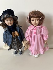 2 x Vintage Porcelain Dolls Knightsbridge Collection Tags & stand 40cm High