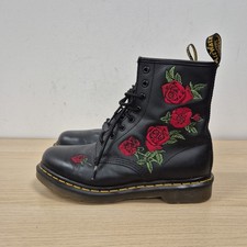 Dr Martens 1460 Vonda Black Leather Floral Red Rose Embroidered Boots Uk 6.5