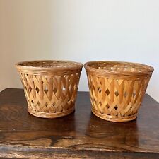 Two vintage wicker rattan bamboo plant pots retro wicker indoor planter Tiki