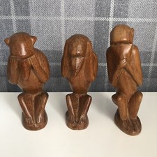 Vintage Wooden Hand Carved Speak No See No Hear No Evil 3 Monkey Statue Figures