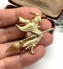 Lovely Bright Gold Tone WITCH ON BROOMSTICK Brooch  BN -  Pagan Wicca