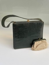 Vintage 40s/50s Genuine Lizard Skin dark green handbag and original purse
