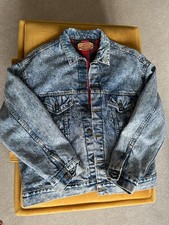 Vintage Levi’s 70417-0819 Blanket Lined Denim Trucker Jacket Red Plaid L Made US