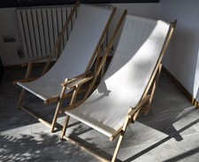 Two Deck Chairs Sun Loungers Sunbeds Wooden Frames Outdoor Garden Patio Beach