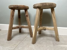 Pair Elm Natural Rustic Reclaimed Authentic Stool Bedside Table Side Lamp Tables