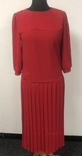 Vintage Berkertex 1980's Red Pleated Skirt Dress Embroidered Neckline UK Size 12