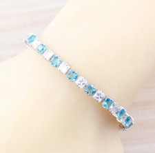 Sterling Silver 925 Lab-Created Blue White Topaz Tennis  Gemstone Bracelet