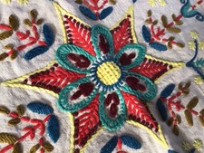 Hand Embroidery On Linen Folk Art Vintage Good To Frame Add To Clothing Cushion