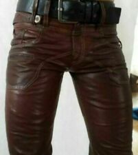 MENS LEATHER VINTAGE PANT DOUBLE ZIPS BIKERS PANT BROWN BREECHES MOTORBIKE PANT
