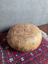 Hand Carved Gourd Lided Bowl Pot Vintage African Boho Decor Folk Art