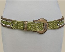 Vintage Nanni Rhinestone Green Snake Leather Gold Mesh Metal Belt 36" S/M Italy