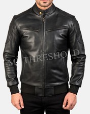 New Men's Black Leather Bomber