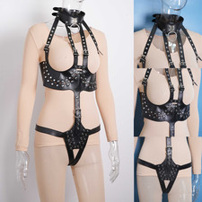 Sexy Ladies Body Harness Strap Faux Leather Cupless Bra Lingerie Underwear