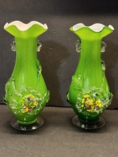 24.5 Cm Pair of Hand Blow Pontil Glass Vases Likely Murano Glass
