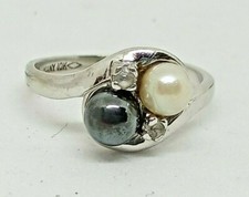 Victorian Romany 10k Solid White Gold Tahitian  Pearl & Diamond Ring Size 5.75