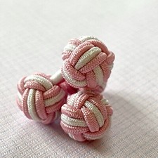 1 PAIR SILK FABRIC KNOT CUFFLINKS FOR DOUBLE / FRENCH CUFFS, WHITE/PINK, NEW 
