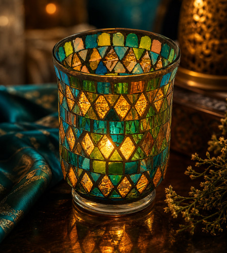 Golden trellis mosaic candle - mosaic,