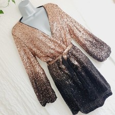 Quiz Black Gold Sequin Ombre Belted Mini Dress Size 14