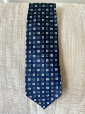 Hilditch & Key All Silk Neck Tie Navy Blue Silver & Green Small Squares Pattern