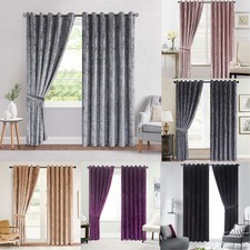 Luxury Crushed Velvet Faux Silk Curtains Eyelet Ring Top Ready Made with Cushion