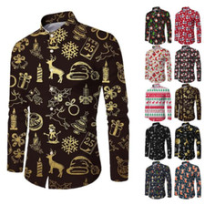 MEN CHRISTMAS BUTTON DOWN SHIRT LONG SLEEVE COLLAR BLOUSE XMAS CASUAL PARTY TOPS