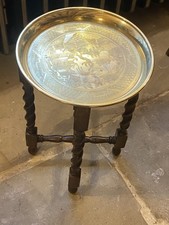 Antique small Indian barley twist folding side table with brass tray top. 