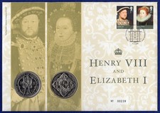 GB 2009 2x BU £5 Coin Cover, Henry VIII & Elizabeth I Five Pounds (Ref. t7634)