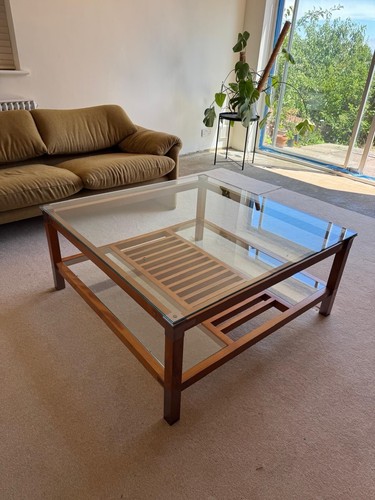 Glass top walnut coffee table - top,