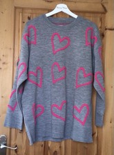 Women’s Grey Jumper Hot Pink Doodle Heart Pattern Mid Length One Size 14 16