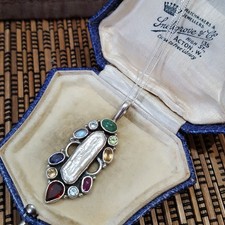 Vintage 925 Sterling Silver Necklace, Baroque Pearl And Multi Gemstones Pendant 