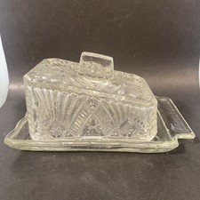 Vintage pressed Glass Butter Or Cheese Dish With Lid 1930s fan design 