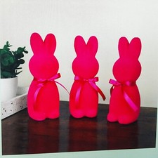 Easter Flocked Bunnies Hot Pink Bunny w Bow 7" Figure Bundle Set of 3 Decor NEW