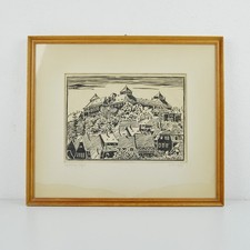 Woodcut city view signed - woodcut,