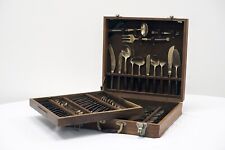 1970s Thai Complete 79 Piece Nickel Bronze Rosewood Cutlery Set with Canteen