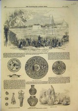 Original Old Antique Print Anglo-Saxon Pottery 1854 Tibula Fibula Glass Buckles