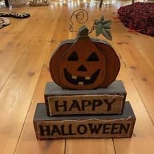 Halloween Vintage Style Pumpkin Table Top Standing Decor Wood Jack O Lantern 