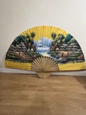 Vintage hand printed chinise hand fan  Bamboo Fabric Chinese Village Decoration