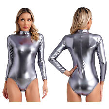 UK Womens Shiny Metallic Long Sleeve Leotards Dance Gymnastics Bodysuit Clubwear
