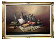 Music Room Still Life Oil Painting Violin Wine Music Instrument Flowers