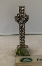 Vintage Iona Scotland Chrome Celtic Cross On A Green Marble Base 7 inch tall
