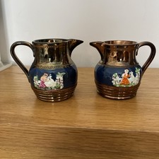 Antique Victorian Copper Lustre Jugs/ Creamers 19th Century Blue Band Figures