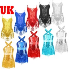 UK Kids Girls Tassel Hem Latin Jazz Dress Fringed Leotard Sequin Rumba Costume