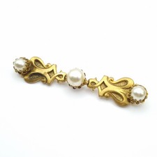Vintage French Brooch Faux Pearl Baroque Style Gold Tone Bar Pin Trombone 